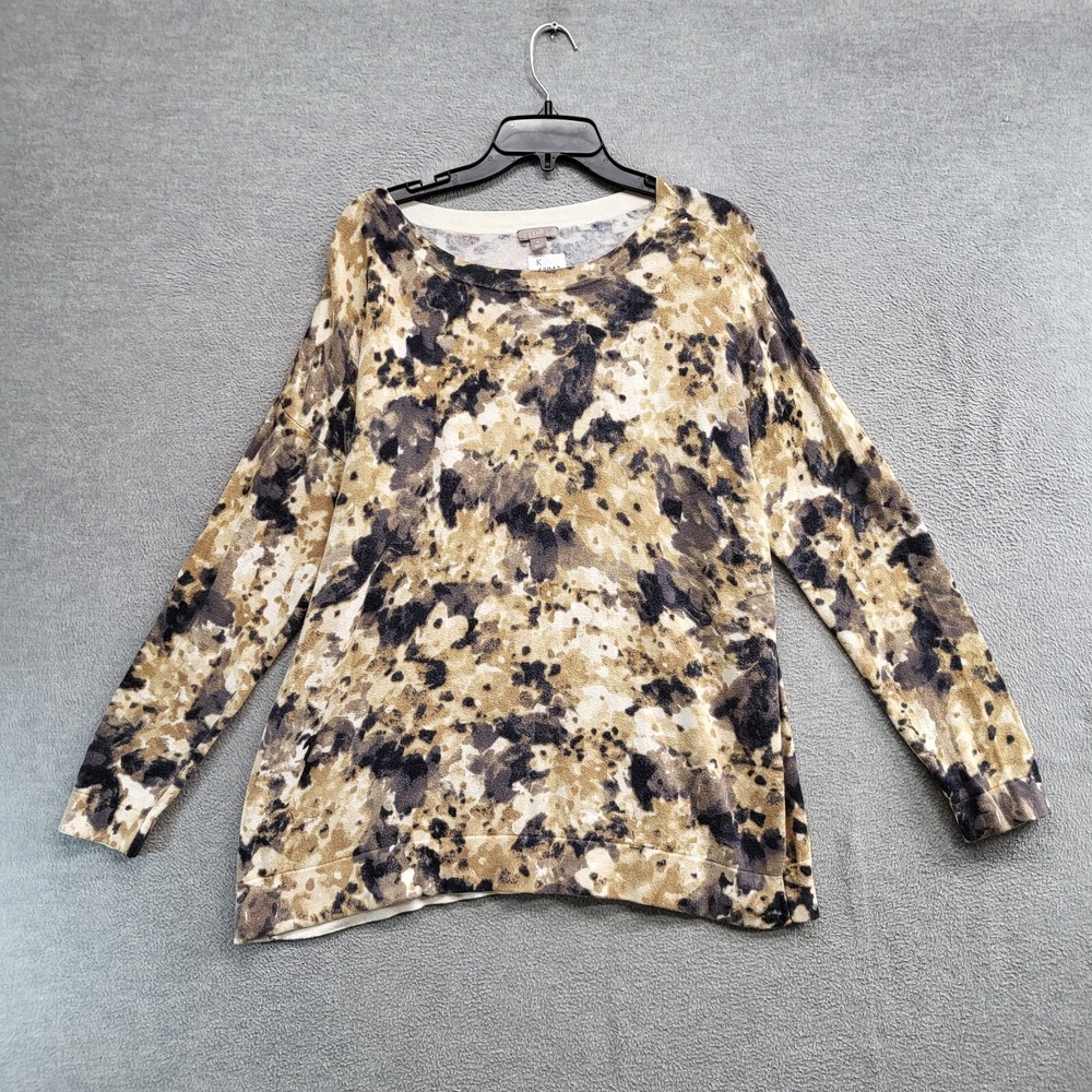 J Jill Women‎ Sweater Medium Brown Floral Watercolor Crew Neck Long Sleeve